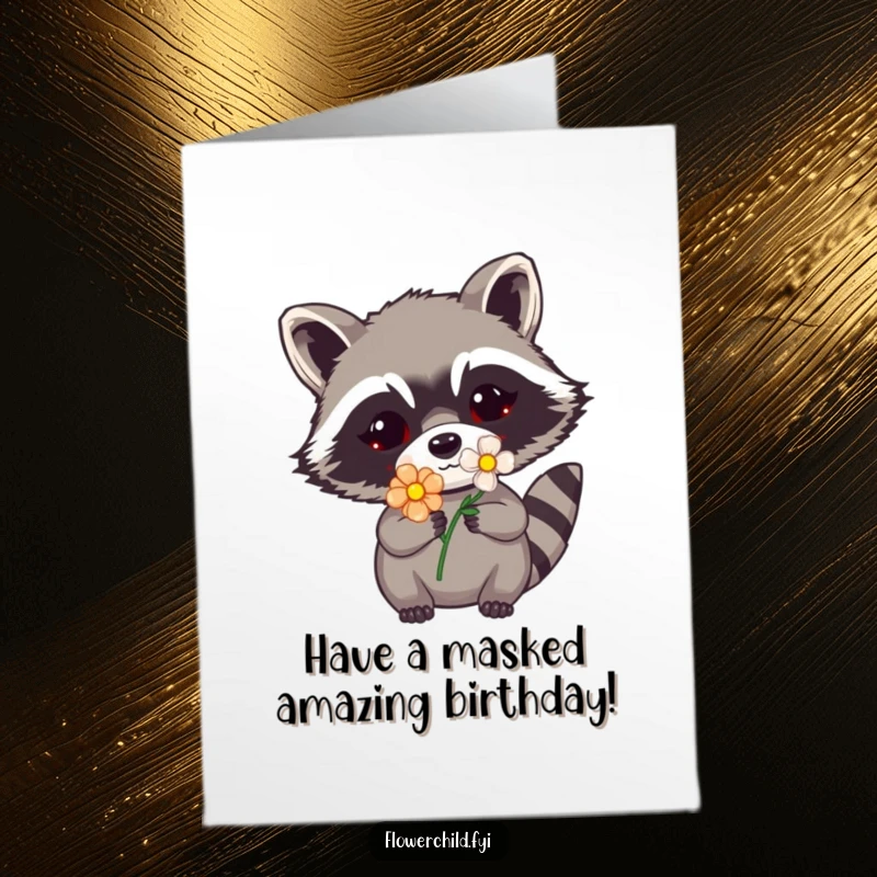 Funny Free Printable Birthday Card: Mischievous raccoon with a flower in its mask peeking out slyly.