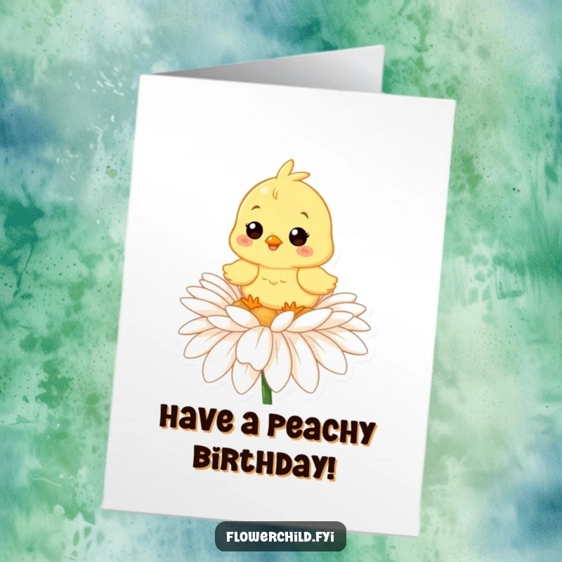 Funny Free Printable Birthday Card with a happy chick sitting on a daisy, perfect for a cheerful download.