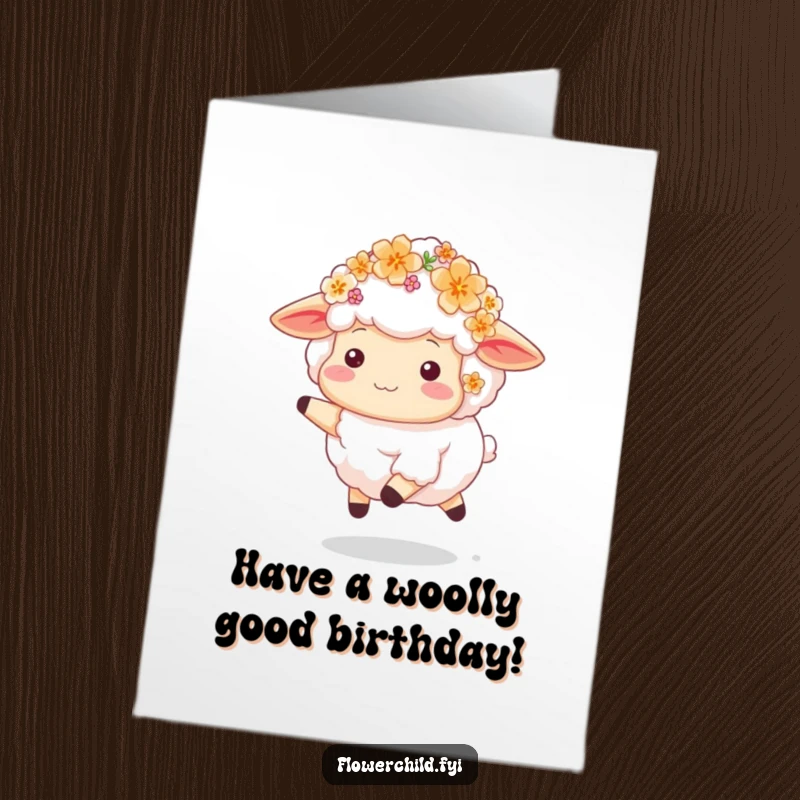 Funny Free Printable Birthday Card: A fluffy sheep adorned with colorful blossoms skips happily, delivering birthday cheer.