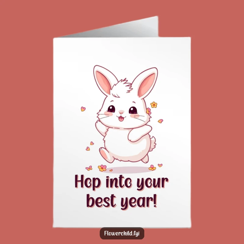 Free Printable Birthday Card: Bunny Flower Petals Skipping Joyful Downloadable