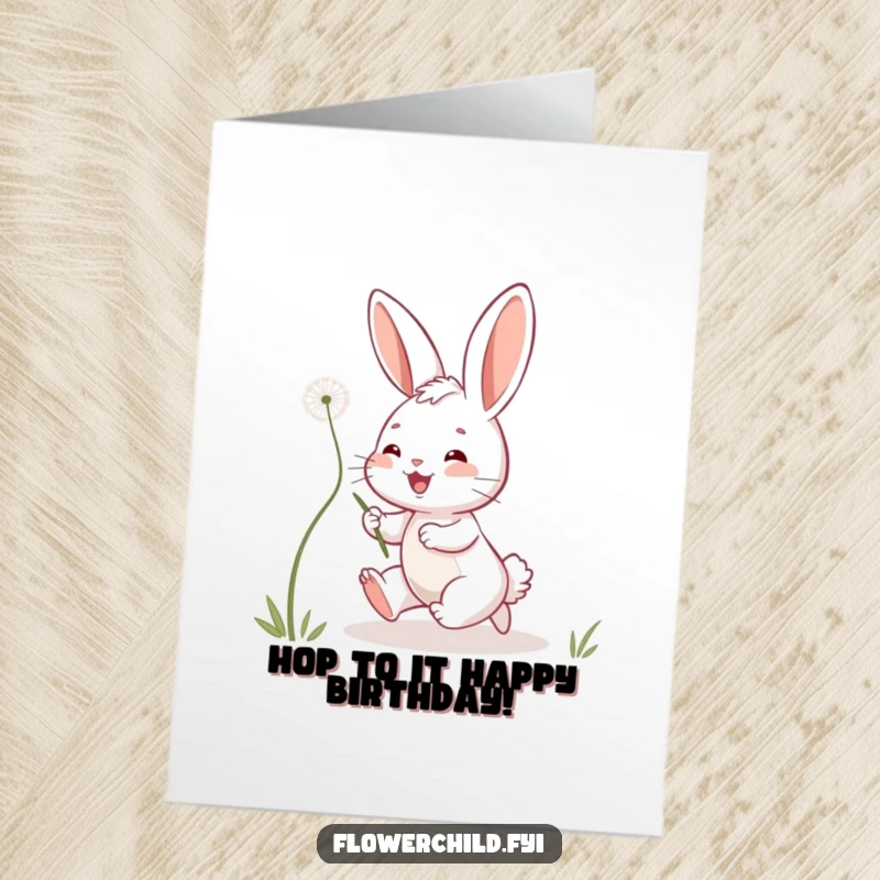 Funny Free Printable Bunny Birthday Card: Playful bunny leaping for a floating dandelion seed, a joyous birthday wish.