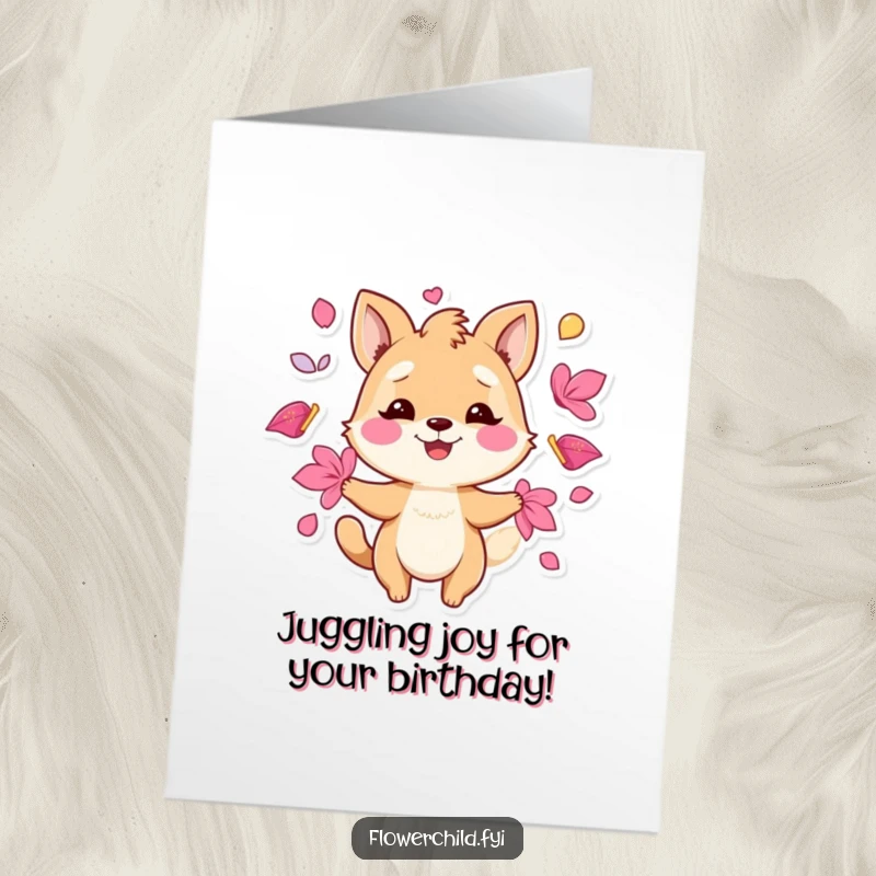 Funny Free Printable Birthday Card showing a playful animal character smiling while juggling a pile of colorful flower petals.