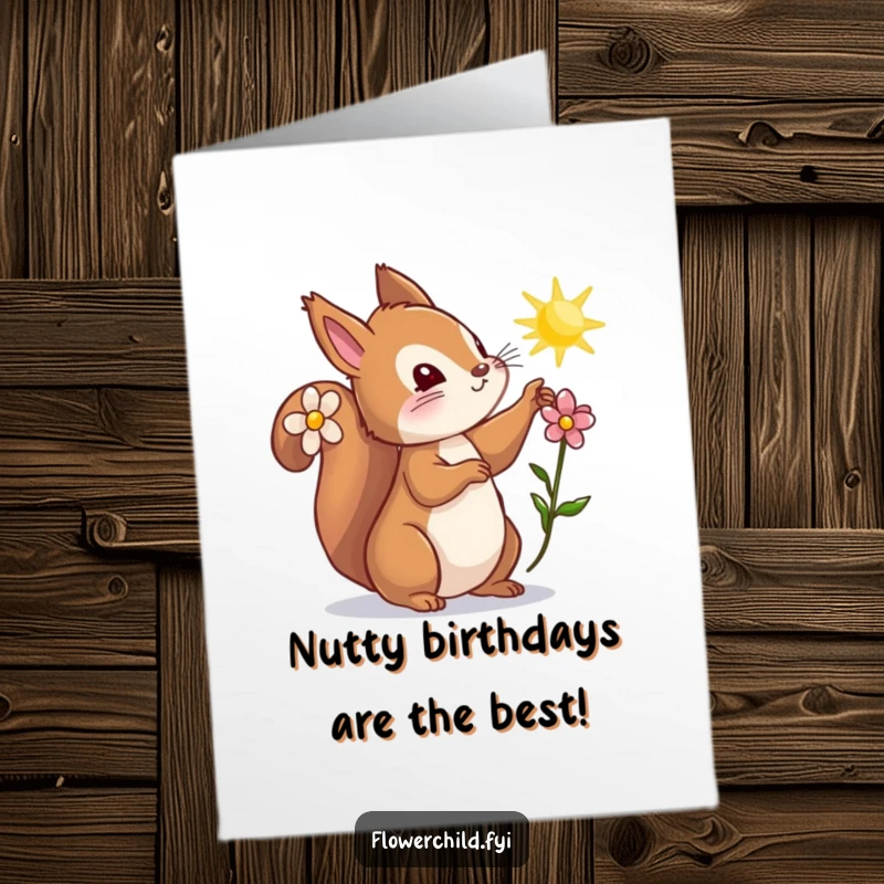 Funny Free Printable Birthday Card: Adorable squirrel with flower behind ear reaching for a sunbeam, capturing curiosity and joy.