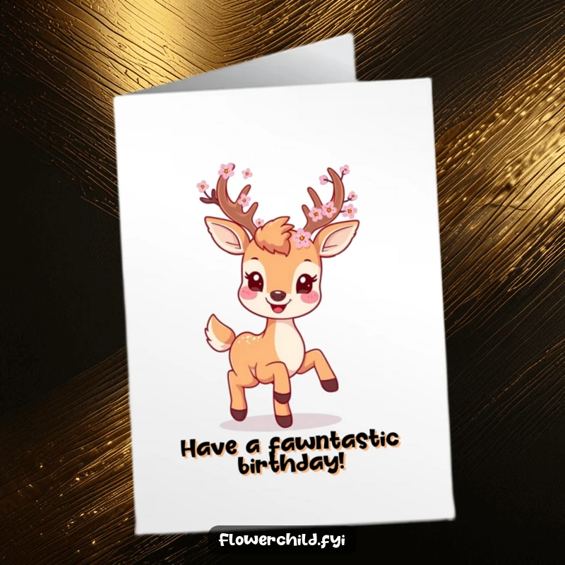 Funny Free Printable Birthday Card: A smiling deer with blossoms on its antlers, prancing happily in a meadow.