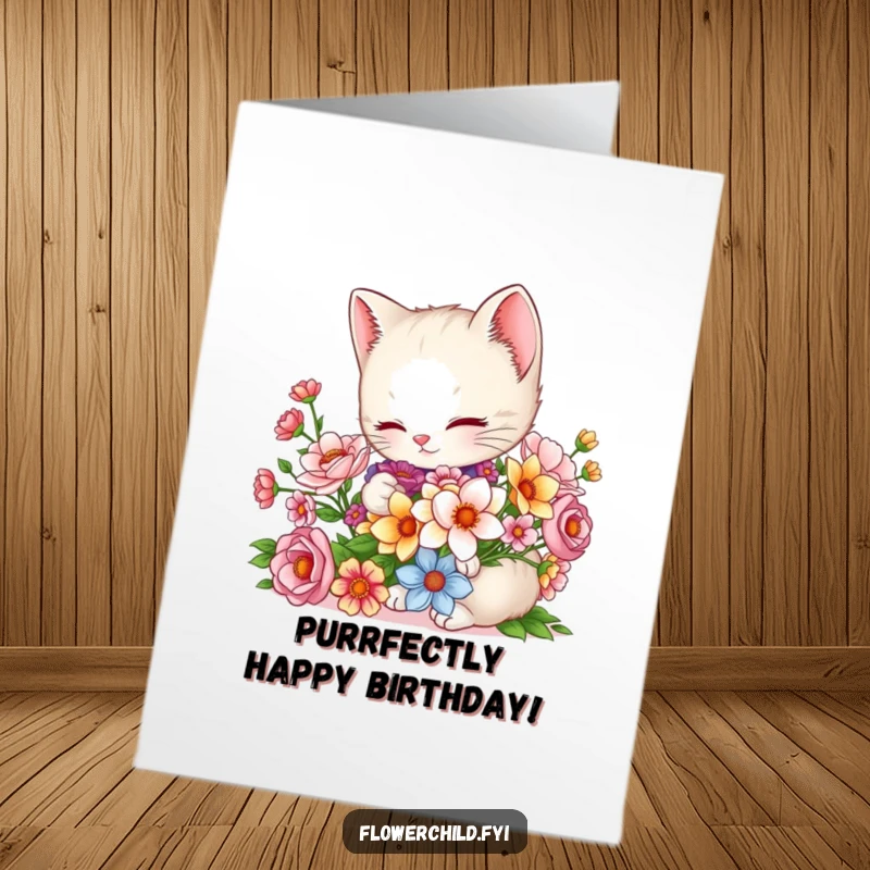 Funny Free Printable Birthday Card of a charming kitten carefully arranging a vibrant bouquet of colorful flowers.