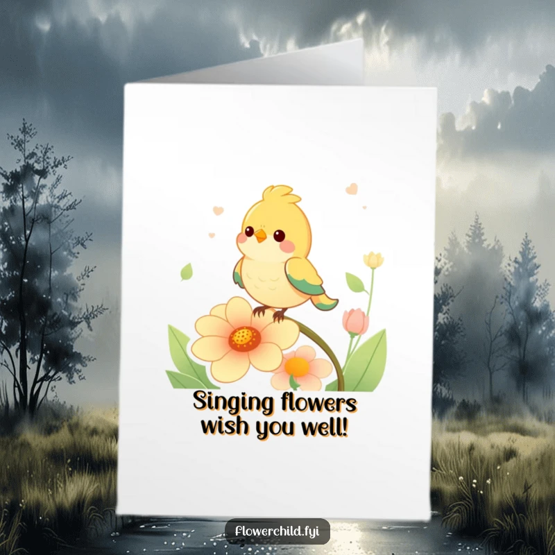 Funny free printable birthday card featuring a jubilant bird perched on a cheerful singing flower, ready to spread laughter.