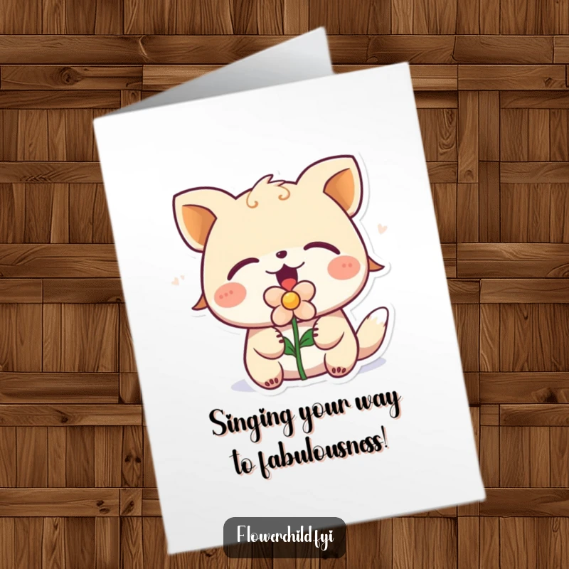 Funny Free Printable Birthday Card: Animal with Flower in Mouth Singing Joyfully, Eyes Closed, Ready for a Song