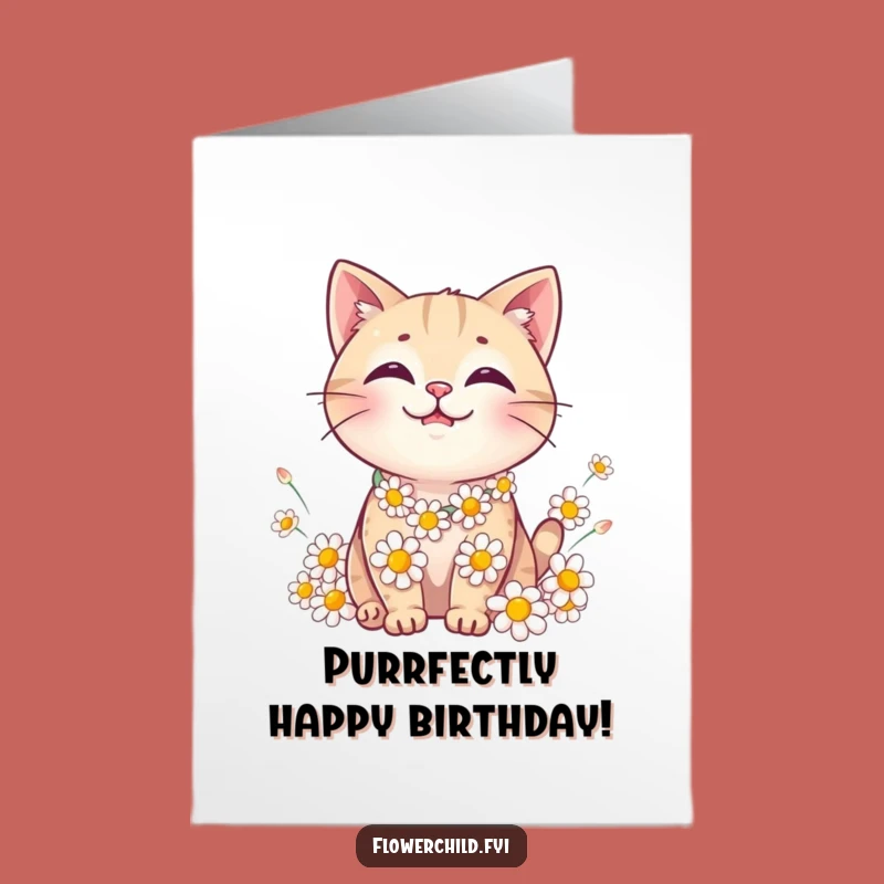 Smiling Cat Daisy Chain Free Printable Birthday Card - Adorable DIY Downloadable Gift