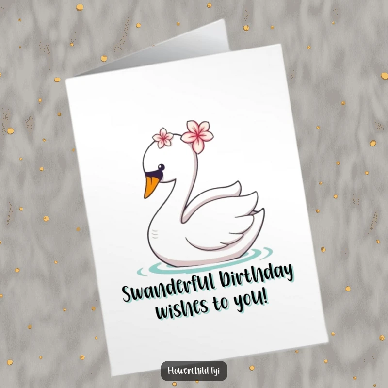 Funny Free Printable Birthday Card: Graceful swan with a flower on its head, gliding elegantly, ready to deliver birthday wishes.