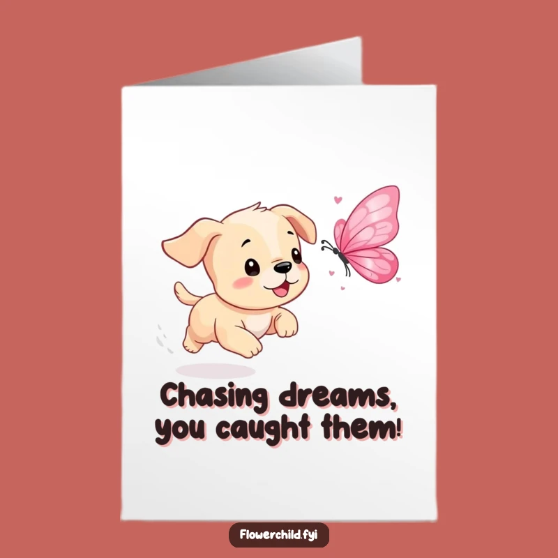 Free Printable Congrats Card: Funny Puppy Butterfly Chase, Joyful Achievement Downloadable Gift