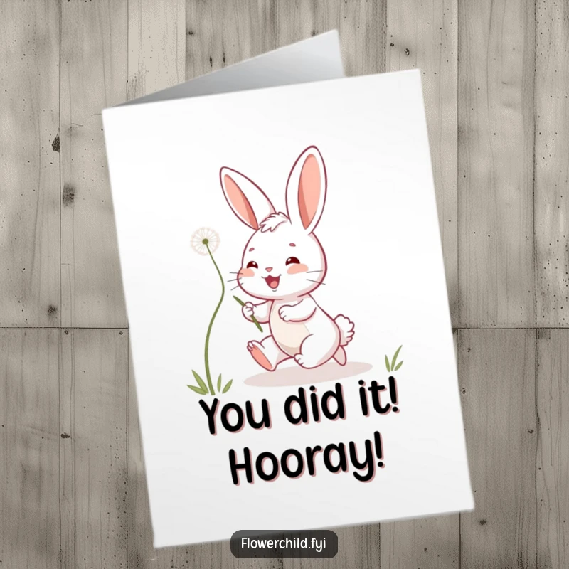 Funny Free Printable Bunny Congratulations Card: Playful bunny chasing a dandelion seed, celebrating new accomplishments.