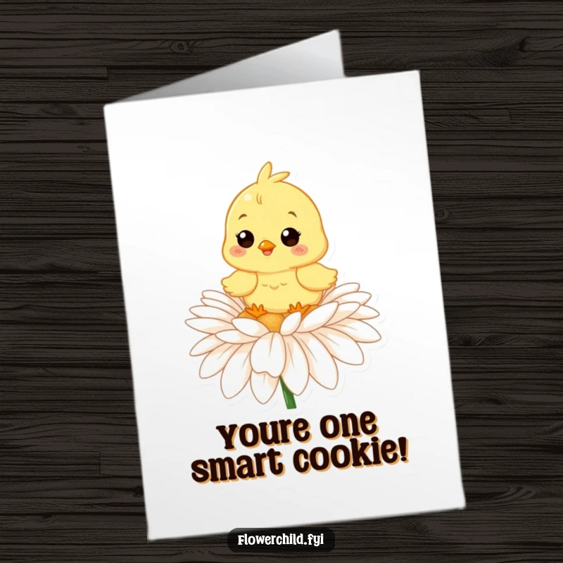 Funny Free Printable Congratulations Card showing a happy chick on a daisy, a delightful download for any celebration.