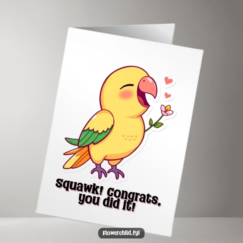 Funny Free Printable Congratulations Card: Joyful Parrot Singing, Flower Accent