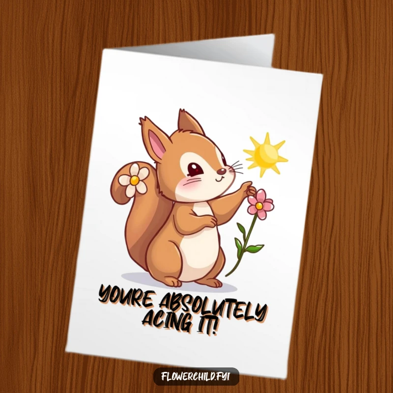 Funny Free Printable Congratulations Card: A curious squirrel with a flower reaching for a sunbeam, celebrating achievements with warmth.