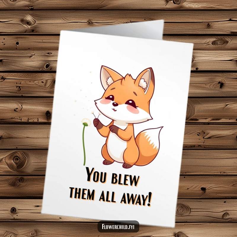 Funny Free Printable Congratulations Card with a playful fox smiling, blowing dandelion seeds into the wind to celebrate a wonderful achievement.