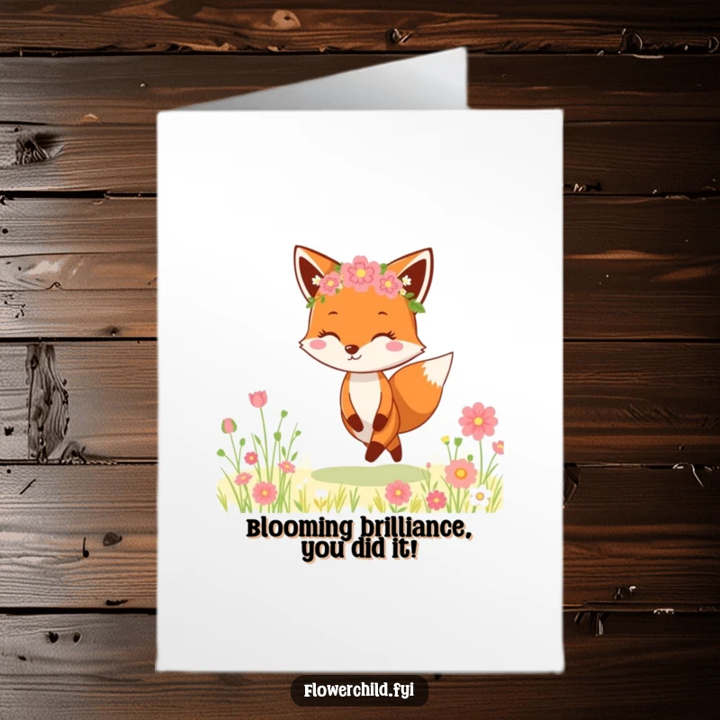 Funny free printable congratulations card: Cheerful fox with a flower crown skipping through a meadow, celebrating achievements with joy.