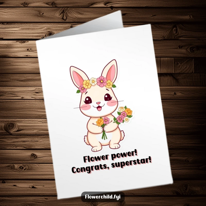 Funny Free Printable Congratulations Card: A happy rabbit wearing a flower crown holds a bouquet to celebrate achievements.