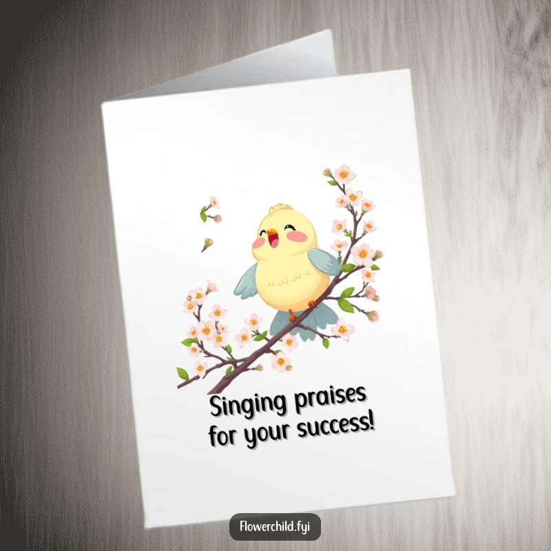 Funny Free Printable Congratulations Card: A joyful bird sings amongst blossoms, celebrating achievements with a happy tune.