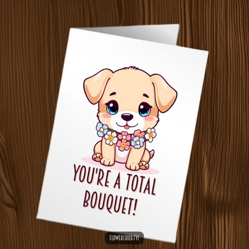 Funny Free Printable Congratulations Card showing a cute puppy wearing a flower garland like a stylish scarf, celebrating good news.