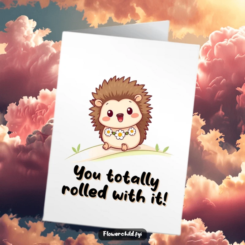 Funny Free Printable congratulations card showing a happy hedgehog rolling down a slope, celebrating a joyous occasion with glee.