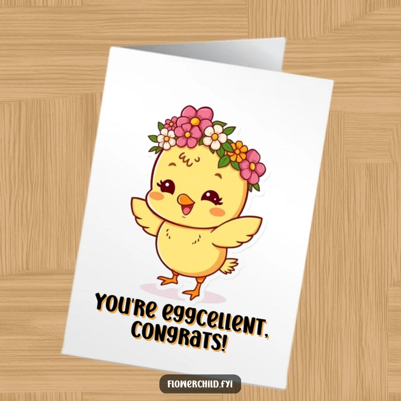 Funny Free Printable Dancing Chick Congrats Card: Happy chick wearing a flower crown, dancing to celebrate a win.