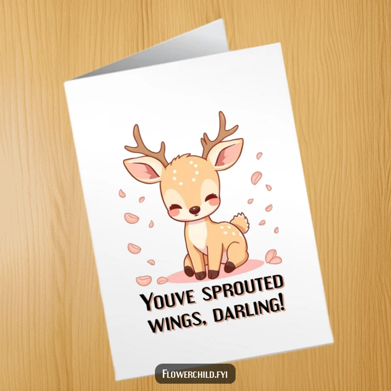 Funny Free Printable Congratulations Card showing a graceful deer amidst falling petals, ideal for a thoughtful download.