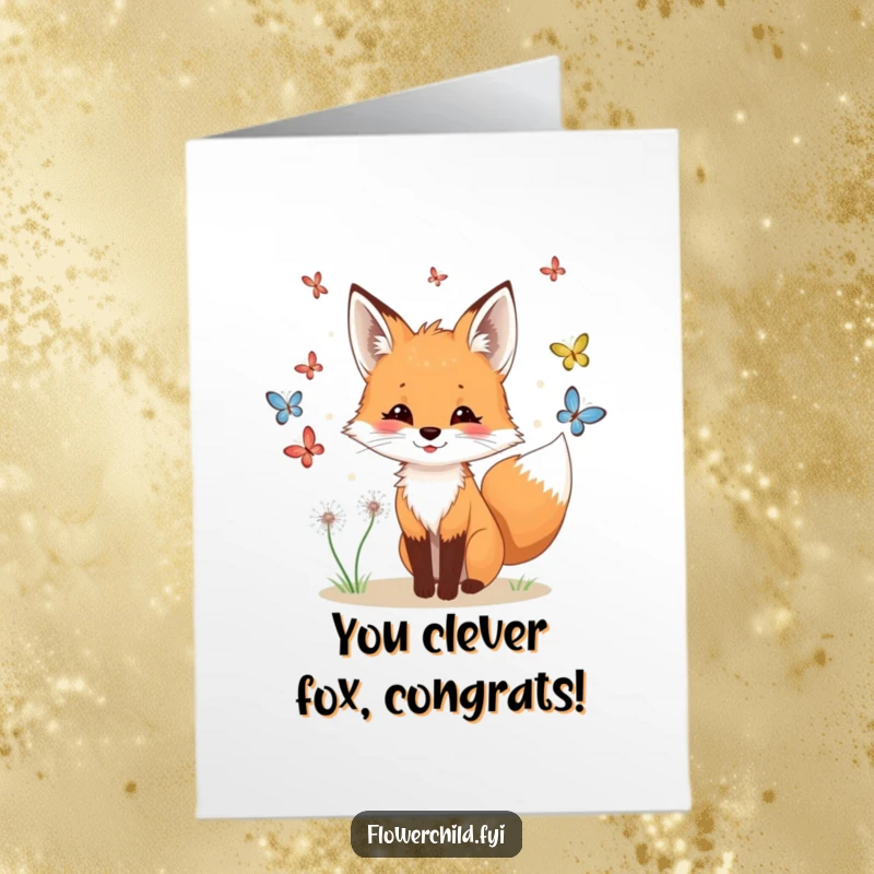 Funny Free Printable Congratulations Card: A whimsical fox with dandelions chases butterflies, celebrating a happy milestone.