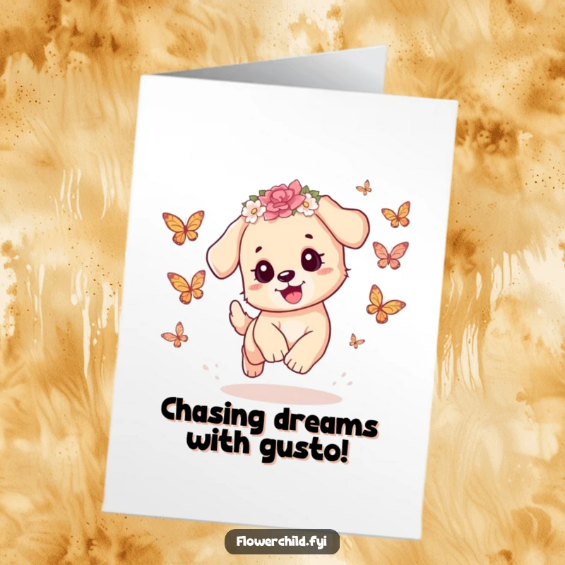 Funny Free Printable Congratulations Card of a playful puppy with a flower crown, chasing butterflies to celebrate success.
