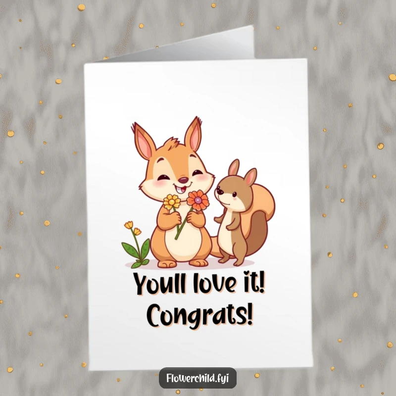 Funny Free Printable Squirrel Congratulations Card: Jovial squirrel offering a flower, celebrating a woodland friend's success.