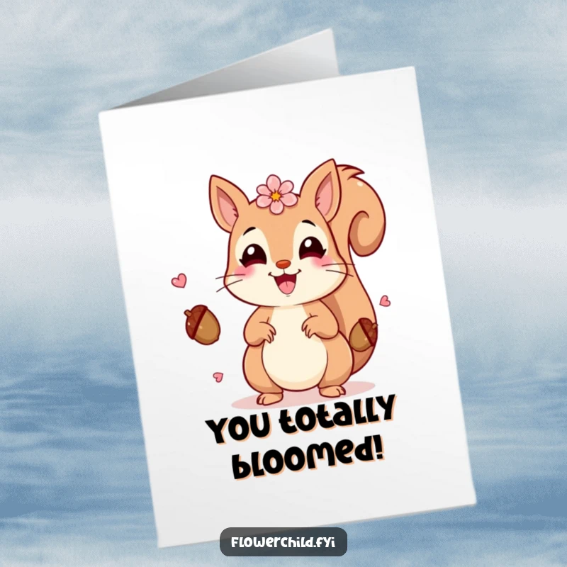 Funny Free Printable Congratulations Card: A beaming squirrel adorned with petals juggles acorns cheerfully, celebrating your win.