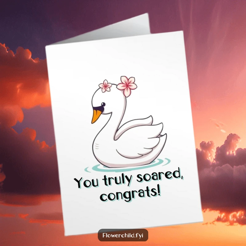 Funny Free Printable Congratulations Card: Elegant swan with a flower on its head, gliding joyfully to convey best wishes.