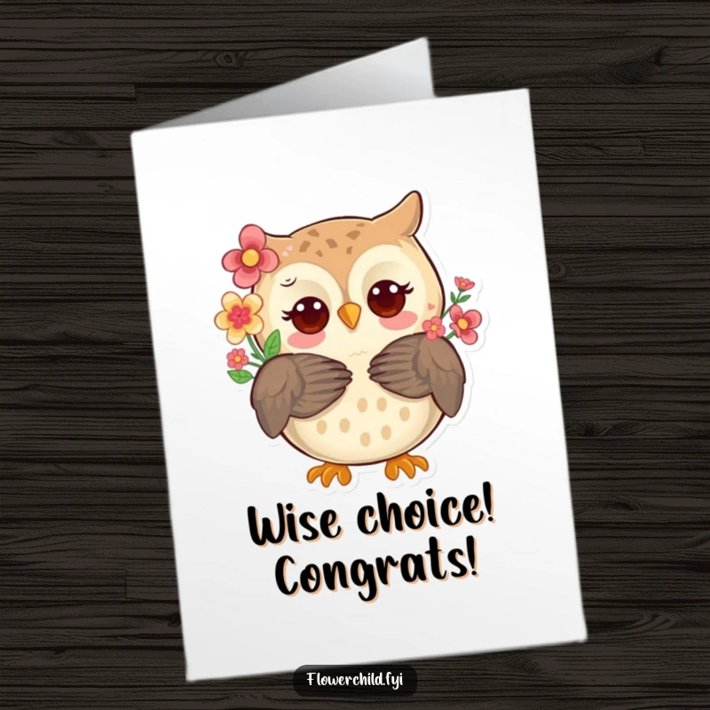 Funny Free Printable Congrats Card: A whimsical owl with flowers in its feathers, giving a warm hug of congratulations.