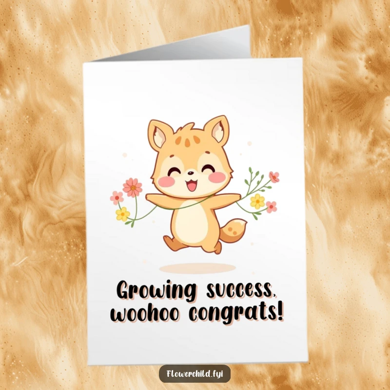 Funny free printable congratulations card: A happy animal skipping merrily with a flower garland. Perfect for celebrating achievements!
