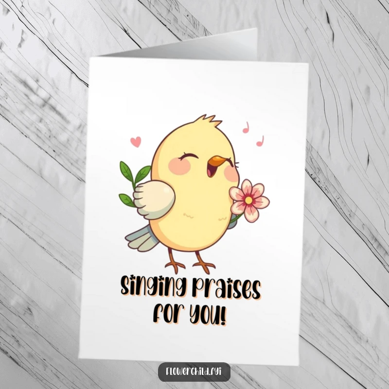 Funny Free Printable Congratulations Card: A happy bird with a flower sings a joyful tune for congratulations.