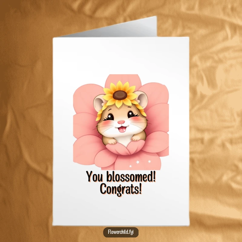 Funny Free Printable Congratulations Card: Giggling hamster in sunflower headpiece, peeking from flower, cute DIY surprise.