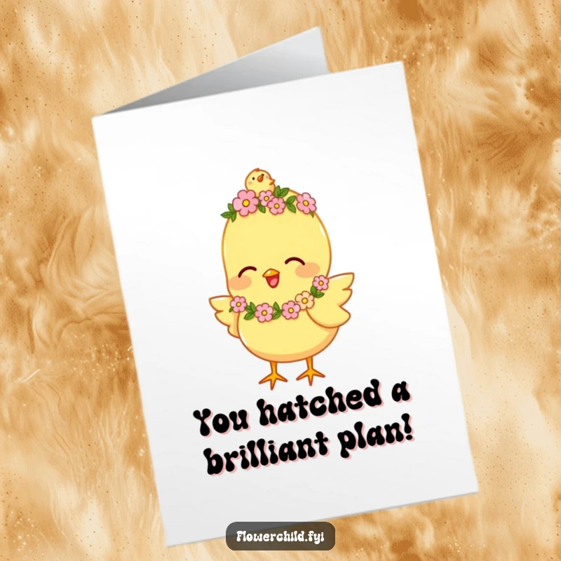 Funny Free Printable Congratulations Card featuring a happy chick with a flower garland, joyfully chirping to celebrate a wonderful achievement.