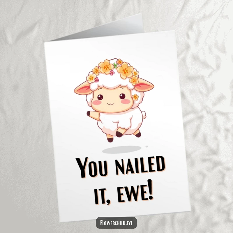 Funny Free Printable Congratulations Card: A fluffy sheep decorated with colorful blossoms skips joyfully, celebrating a wonderful milestone.