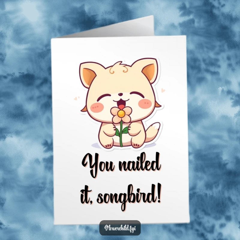 Funny Free Printable Congratulations Card: Animal with Flower in Mouth Singing a Celebratory Tune, Eyes Closed