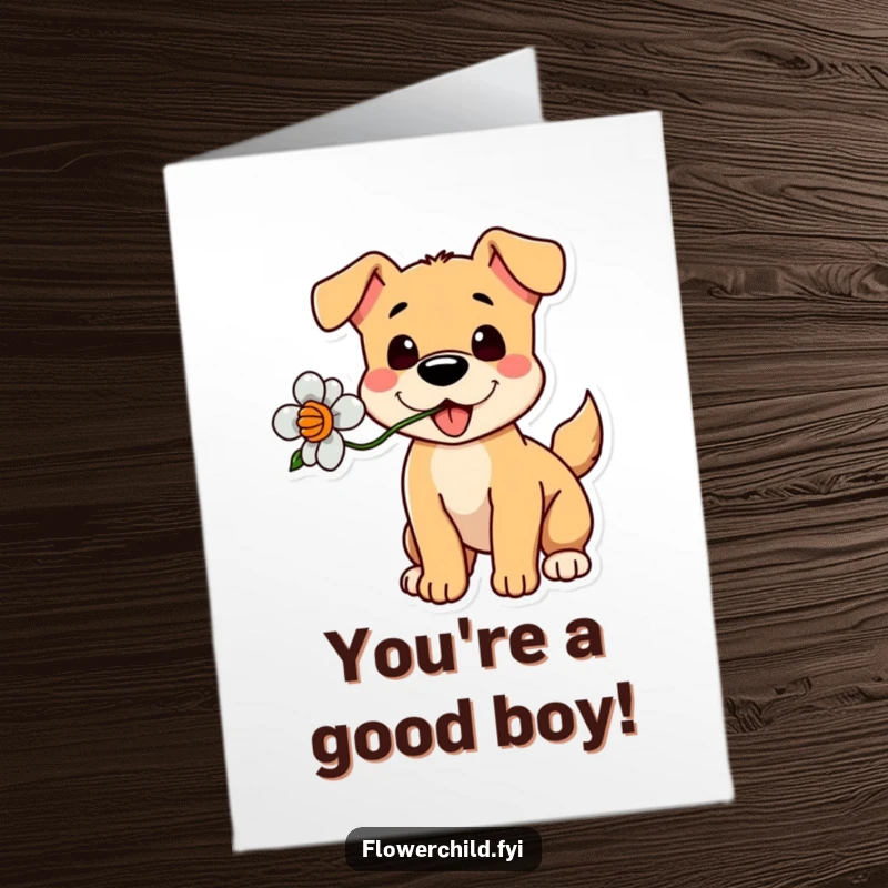 Funny Free Printable Congratulations Card: A happy dog holding a flower in its mouth, tail wagging wildly in celebration.
