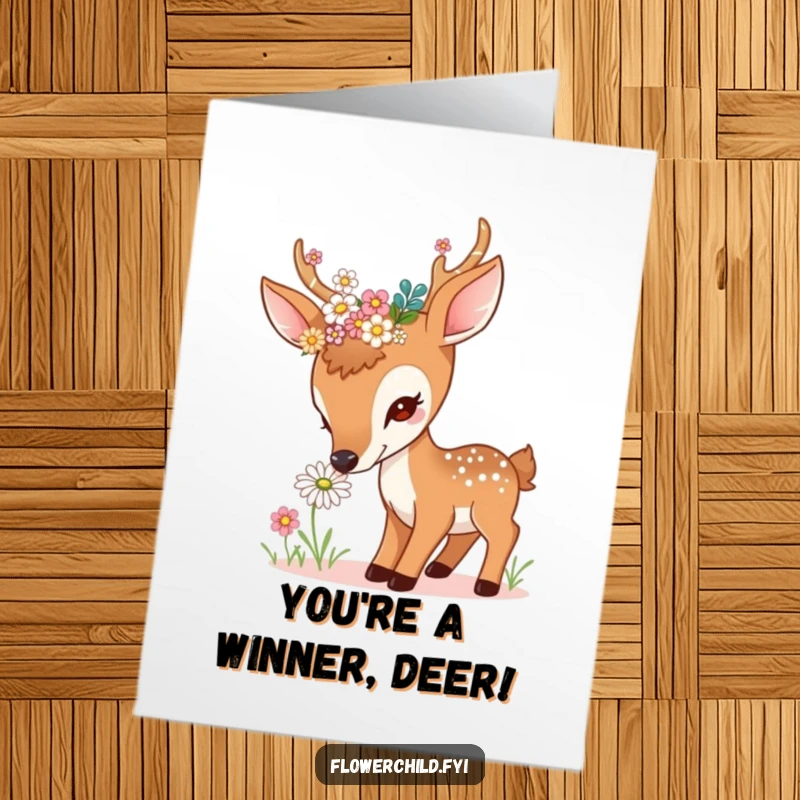 Funny Free Printable Congratulations Card: A curious deer with floral antlers pauses to sniff a daisy, celebrating a sweet accomplishment.