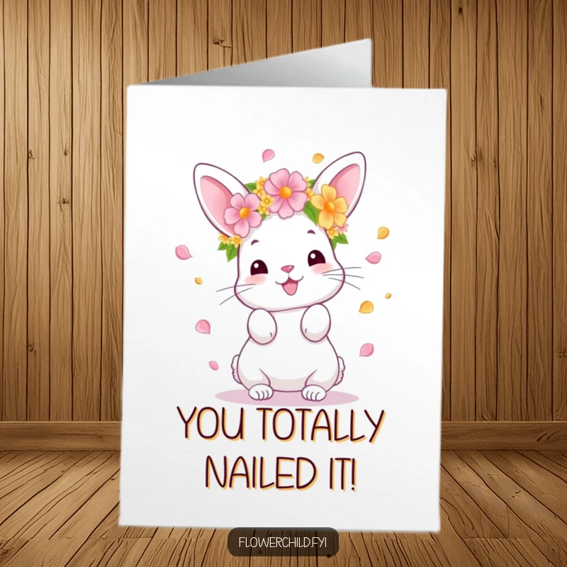 Funny Free Printable Congratulations Card showing a whimsical bunny showering tiny petals with excitement.