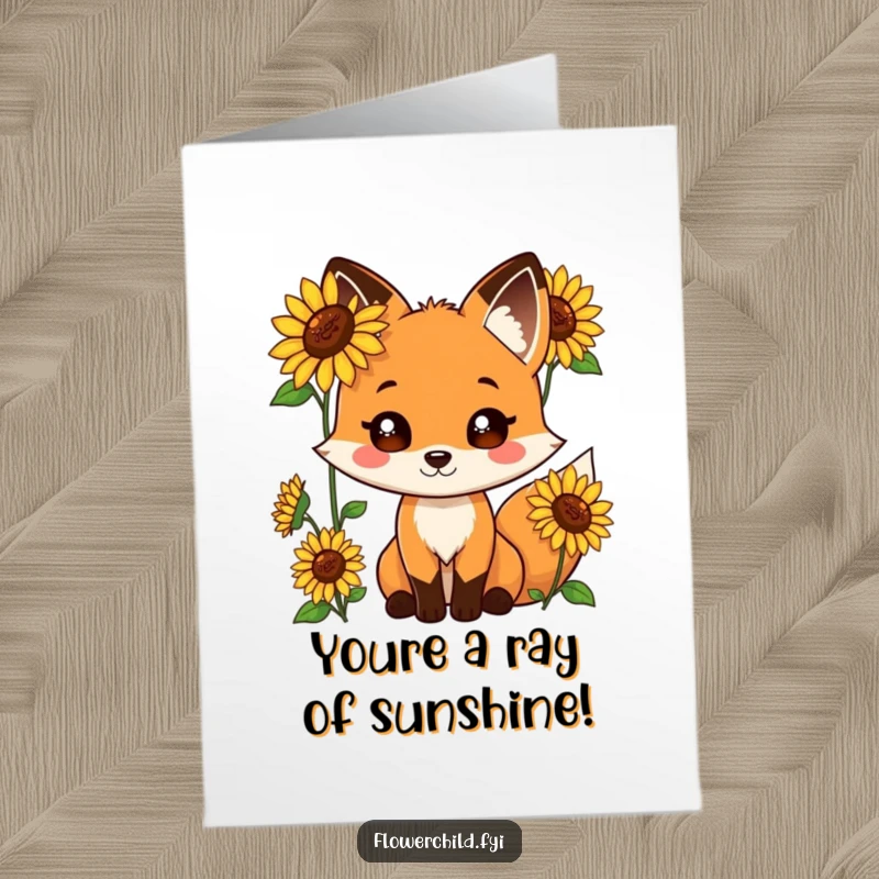 Funny Free Printable Congratulations Card: A playful fox with sunflowers sprouting from its fur celebrates success.