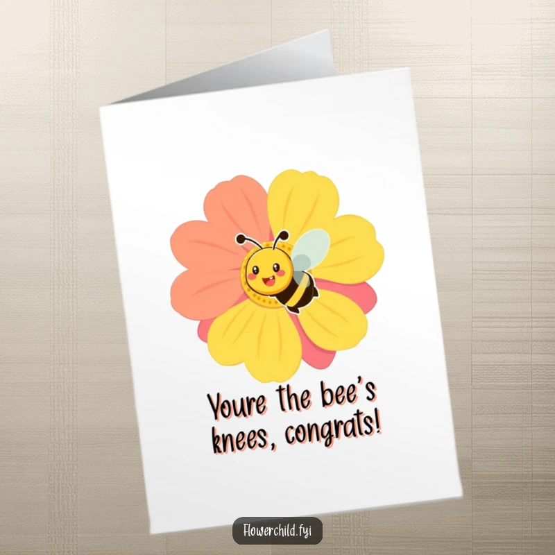 Funny Free Printable Congratulations Card: A smiling bee buzzing around a big, bright flower, celebrating a success.