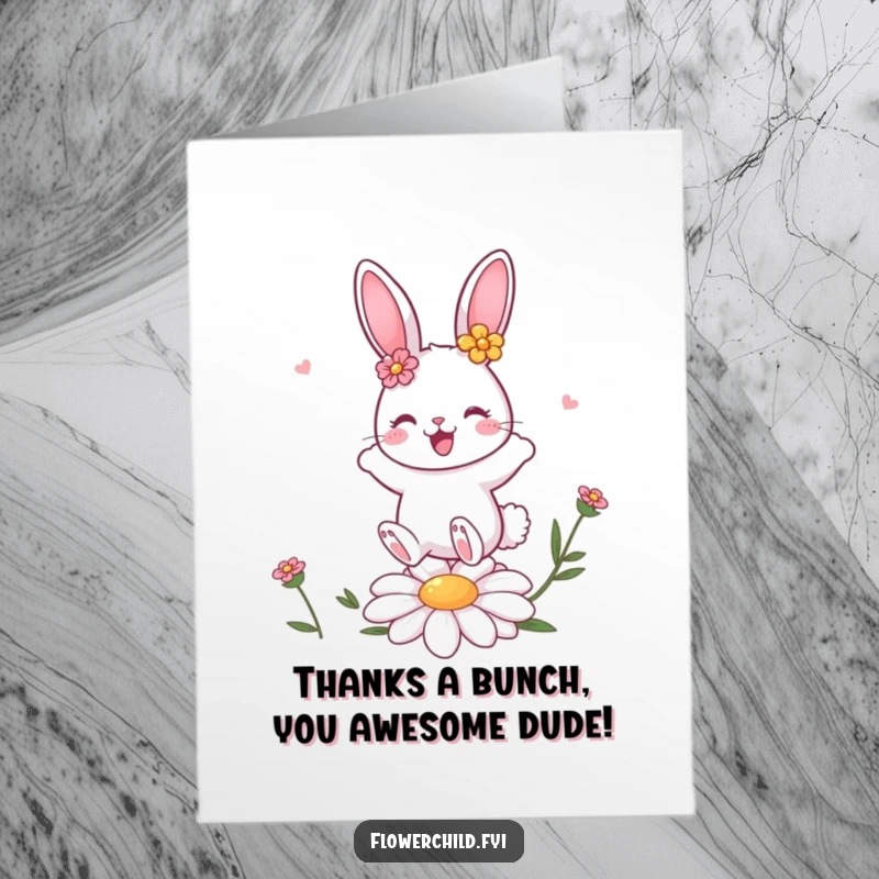 Funny Free Printable Thank You Card: A cute bunny surrounded by flowers bounces, conveying heartfelt thanks.