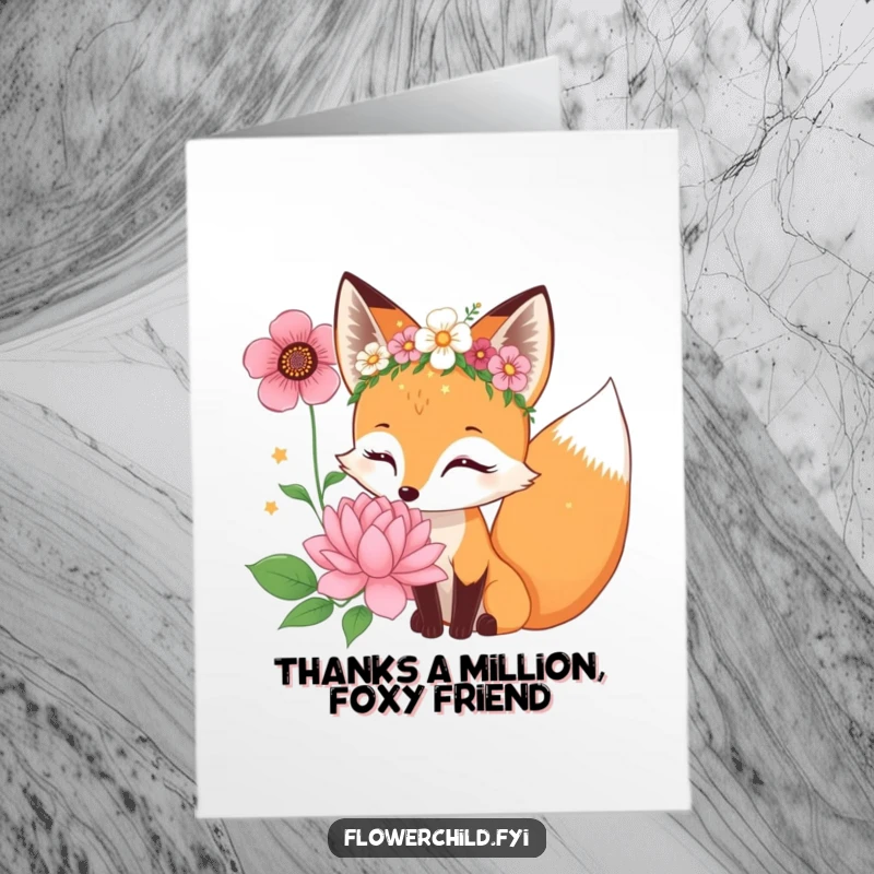 Funny Free Printable Thank You Card: A curious fox with a flower crown sniffs a bloom, expressing thanks sweetly.