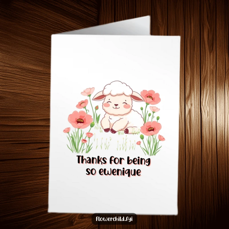 Free Printable Thank You Card featuring a content sheep resting in a poppy field.