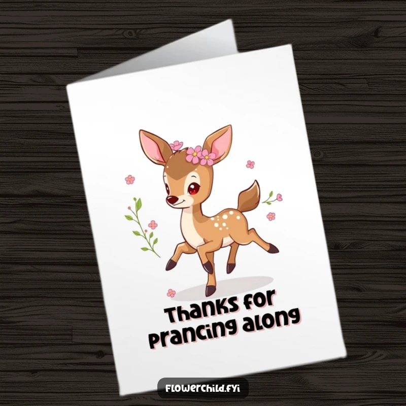 Free Printable Thank You Card featuring a graceful little deer with flowers in its fur, prancing gently.