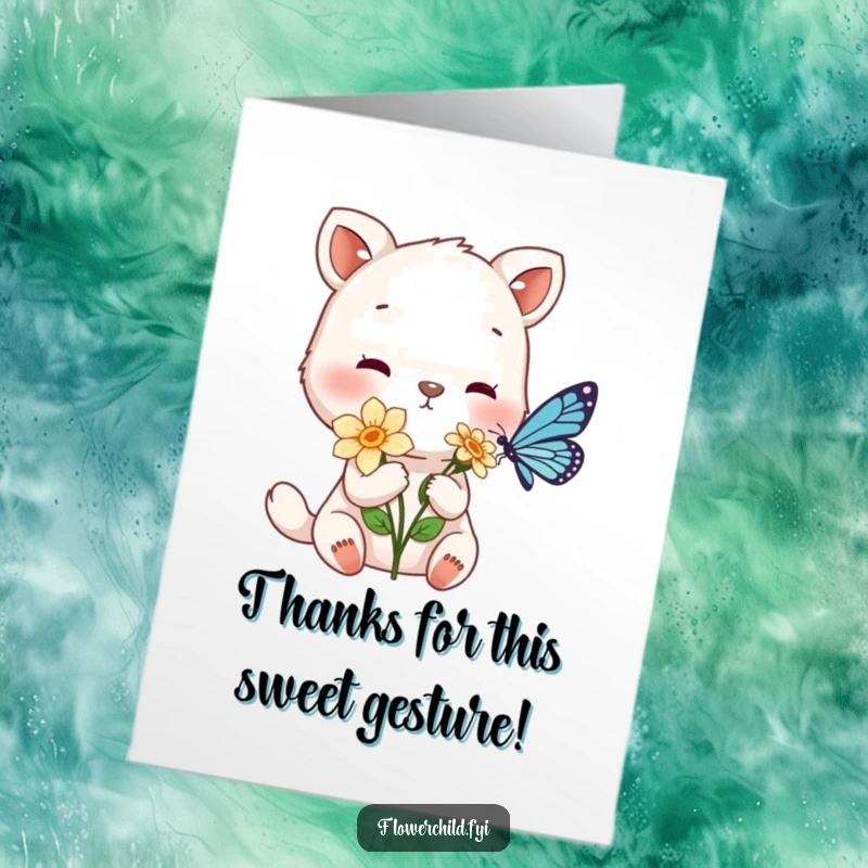 Funny Free Printable Thank You Card of a gentle animal character offering a single flower to a tiny, appreciative butterfly.