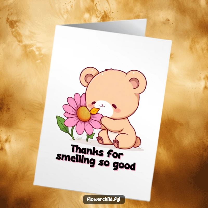 Funny Free Printable Thank You Card featuring a curious bear cub delightedly sniffing a huge, colorful wildflower, expressing sincere thanks.