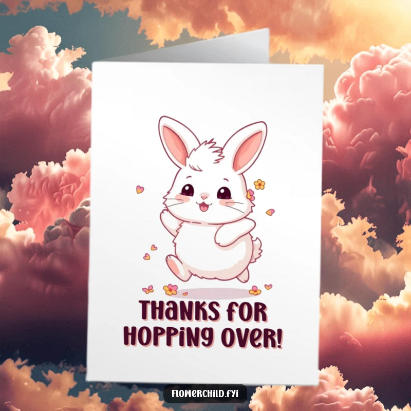 Funny Free Printable Thank You Card: A fluffy bunny with flower petals in its fur, joyfully skipping along.